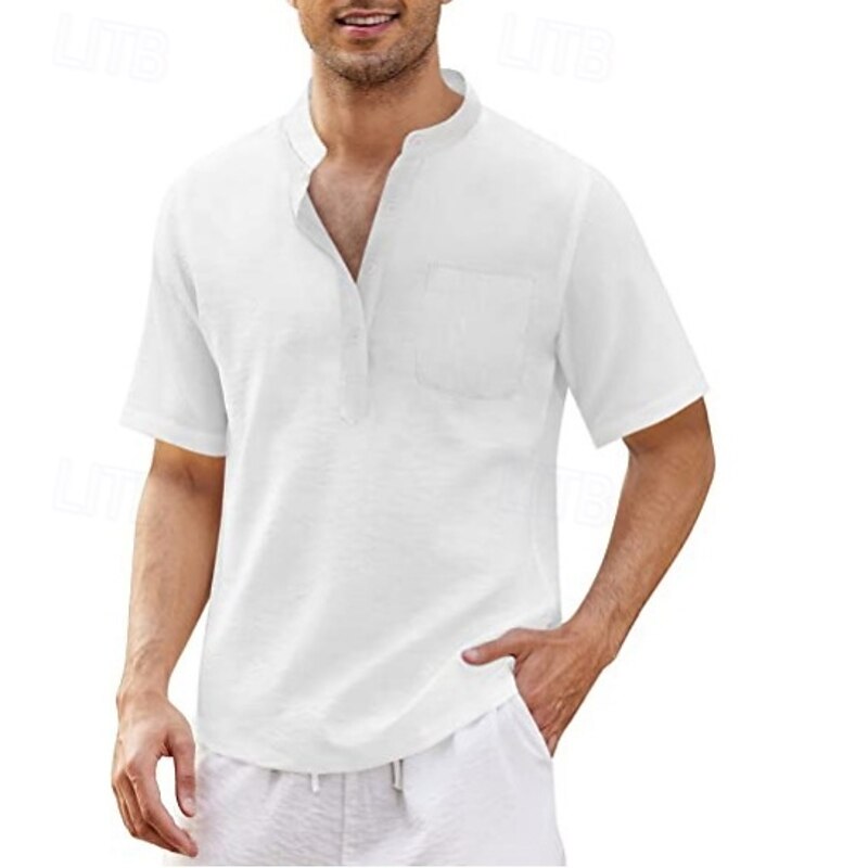 Men's Shirt Summer Shirt Casual Shirt Beach Shirt Button Up Shirt Black White Blue Deep Blue Army Green Short Sleeve Plain Standing Collar Vacation Hawaiian Pocket Clothing Apparel Polyester Fashion