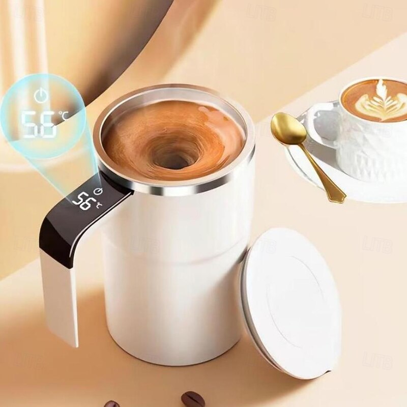 Electric Magnetic Mug Self Stirring Coffee Mug 13oz, Rechargeable Auto Mixing Mug with LED Temperature Display, SUS 304 Stainless Steel, Spill-Proof Lid, for Home, Office, Travel, Gift for Coffee Love