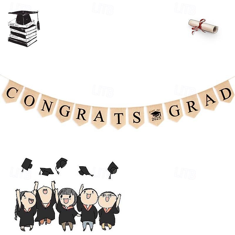 2025 Graduation Party Banner, Vintage Fish Tail Flag, "CONGRATS GRAD" Burlap Pennant Flag for Graduation Party Decorations4