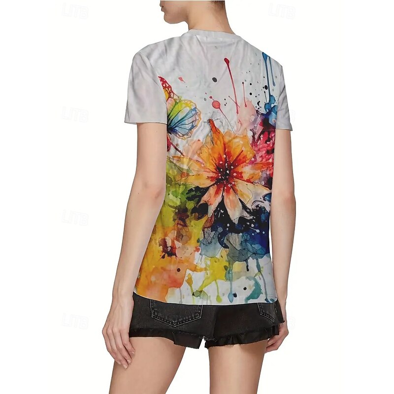 Women's T Shirt Summer Tops Graphic Oil painting flowers Classic Casual Short Sleeve Crew Neck Crop Tops Daily Weekend Print Rainbow Summer Spring Fall2