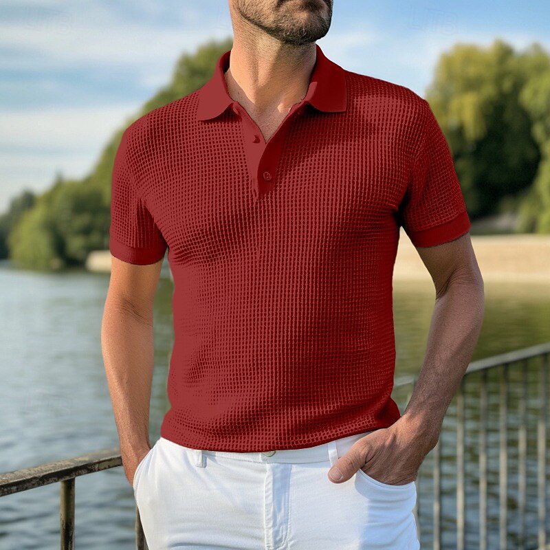 Men's Golf Shirt Waffle Knit Polo Shirt Business Casual Classic Short Sleeve Fashion Modern Solid Color Buttons Summer Spring Regular Fit White Yellow Light Green Burgundy Khaki Grey Golf Shirt3