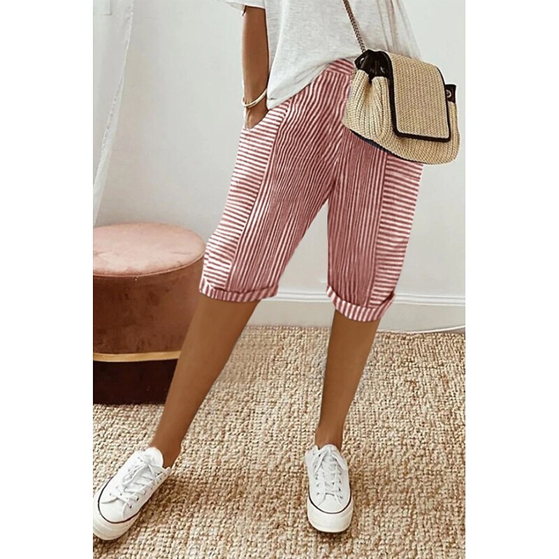 Women's Cotton Linen Pants Slacks Crop Casual Knee Length Natural Striped Pocket Elastic Waist Comfy Outdoor Comfortable Daily Wear Going out Light Sky Blue Black Pink Summer Regular Fit2