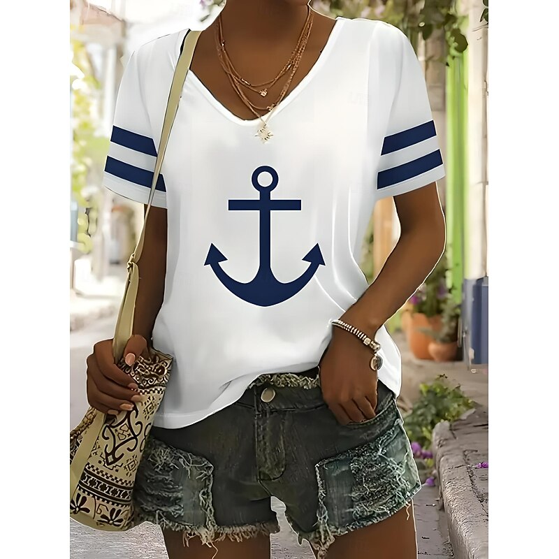 Women's T Shirt Ocean Striped Casual Short Sleeve V Neck Regular Tops Daily Going out Weekend Print Black White Red Blue Green Summer