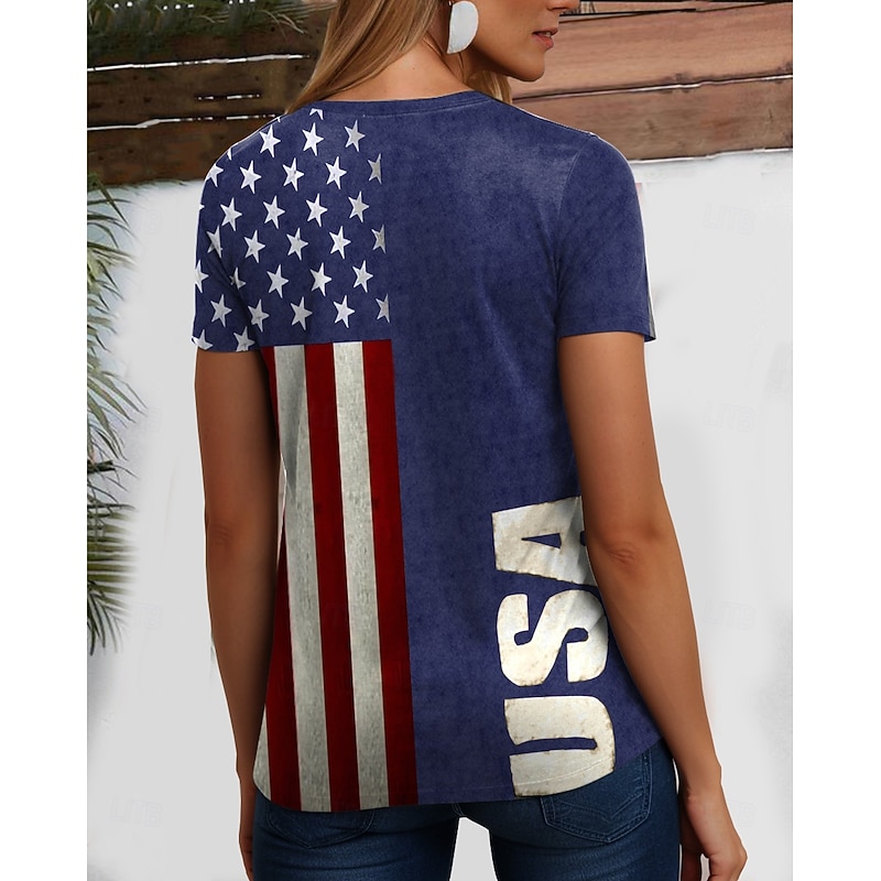Women's Patriot Veteran Patriotic  Blouse Flag Casual Red White And Blue Short Sleeve V Neck Regular Tops Daily Print Blue Summer Spring2