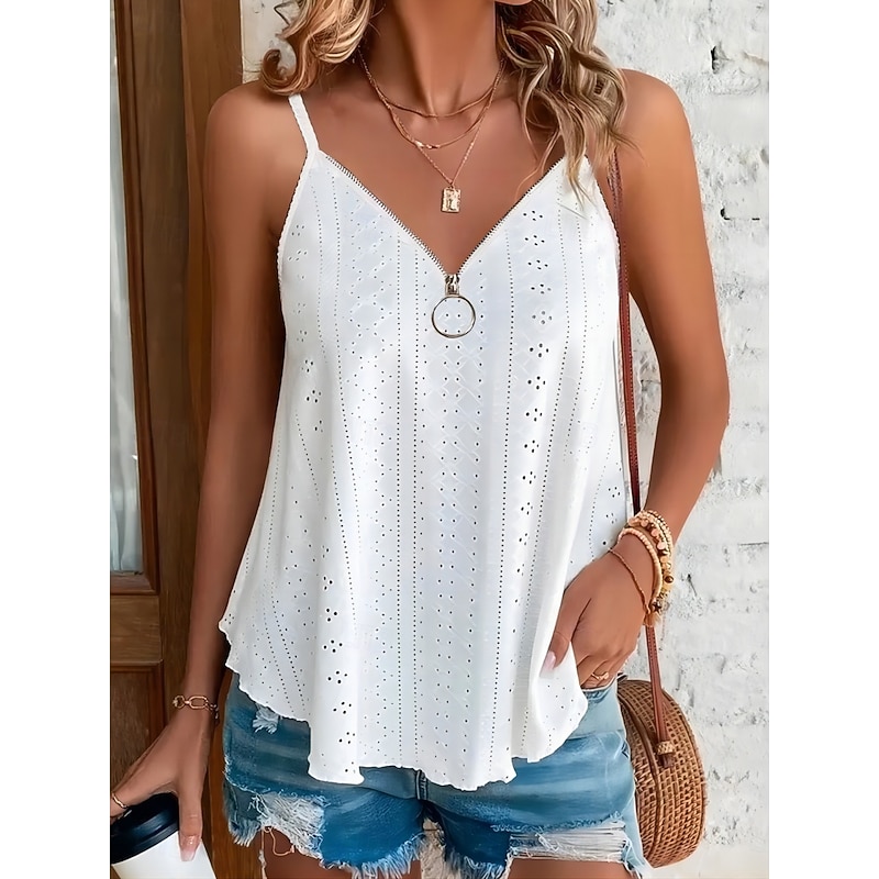 Women's Camisole Tank Top Solid Color Stylish Casual Sleeveless Strap Regular Tops Daily Zipper Eyelet White Yellow Pink Blue Purple Summer - Main Image