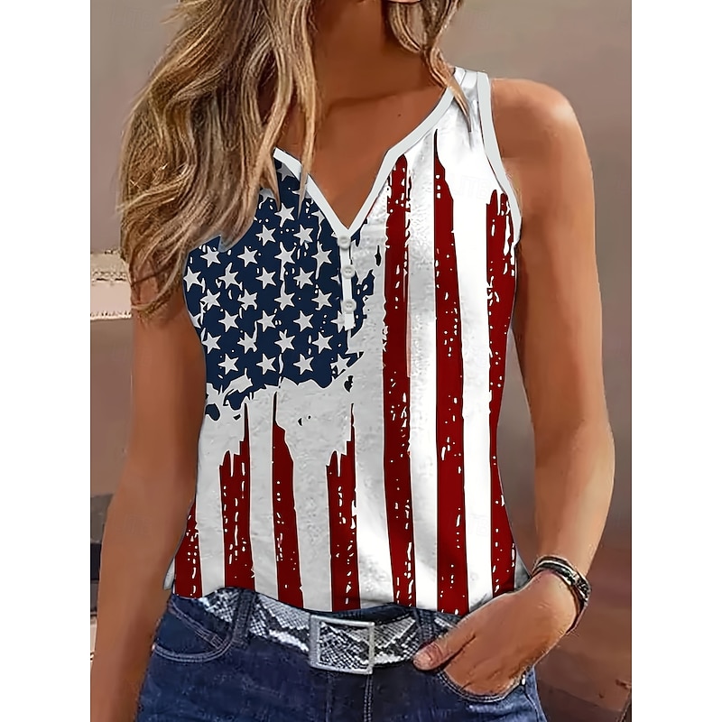 Women's Patriotic  Camisole Tank Top Flag Daily Stylish Sleeveless Notched Neck Regular Tops Daily Holiday Buttons Print Red Summer