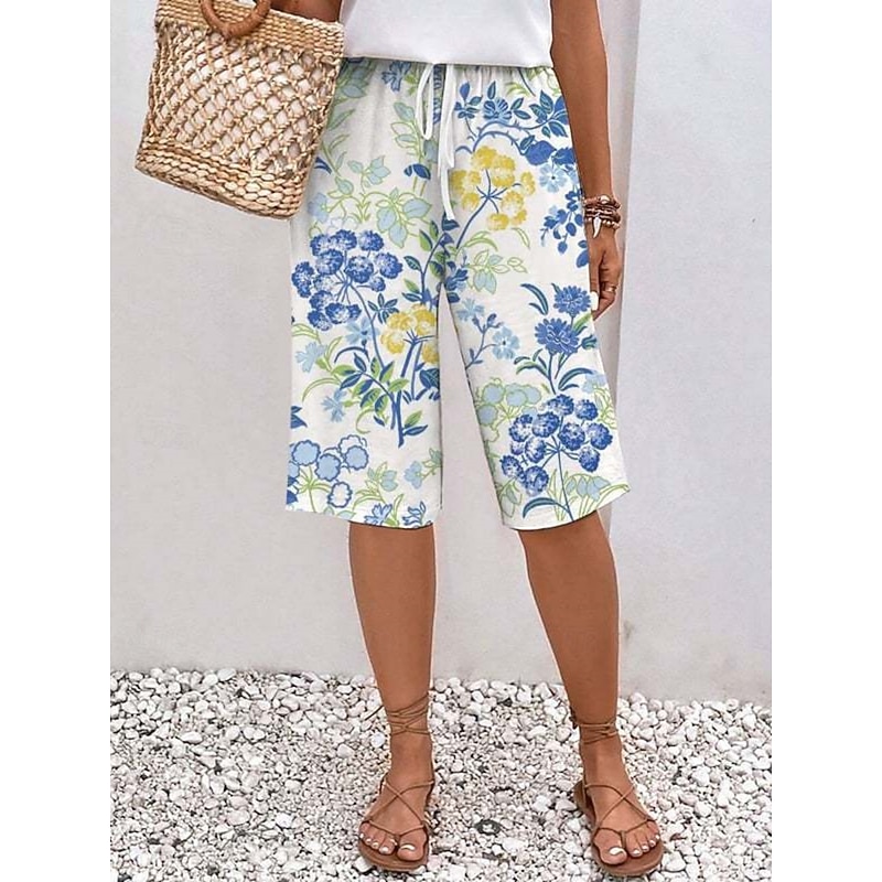 Women's Chinos Shorts Fashion Streetwear Casual Knee Length High Waist Floral Drawstring Comfy Soft Comfortable Micro-elastic Outdoor Vacation Street Apple Green Royal Blue Blue Green Summer Regular4
