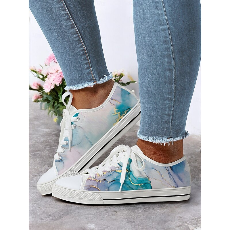 Women's Casual Canvas Sneakers - Stylish Watercolor Marble Print, Lace-Up Low-Top Tennis Shoes for Everyday Wear, Walking & Travel2