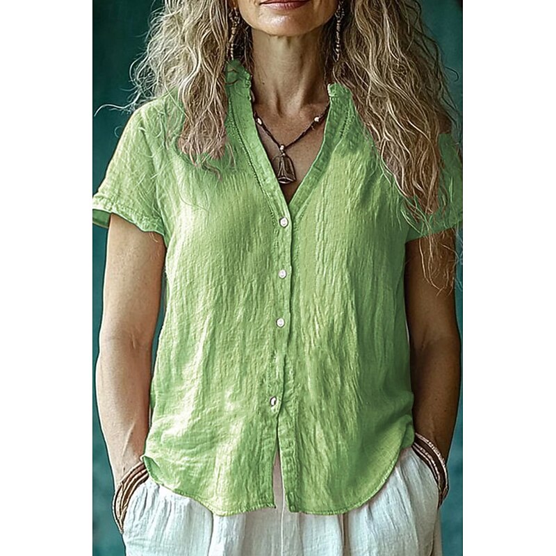 Women's Shirt Cotton Linen Shirts Button Up Blouse Plain Basic Casual Short Sleeve V Neck Regular Tops Holiday Going out Buttons Blush Pink Light Green Light Blue Summer4