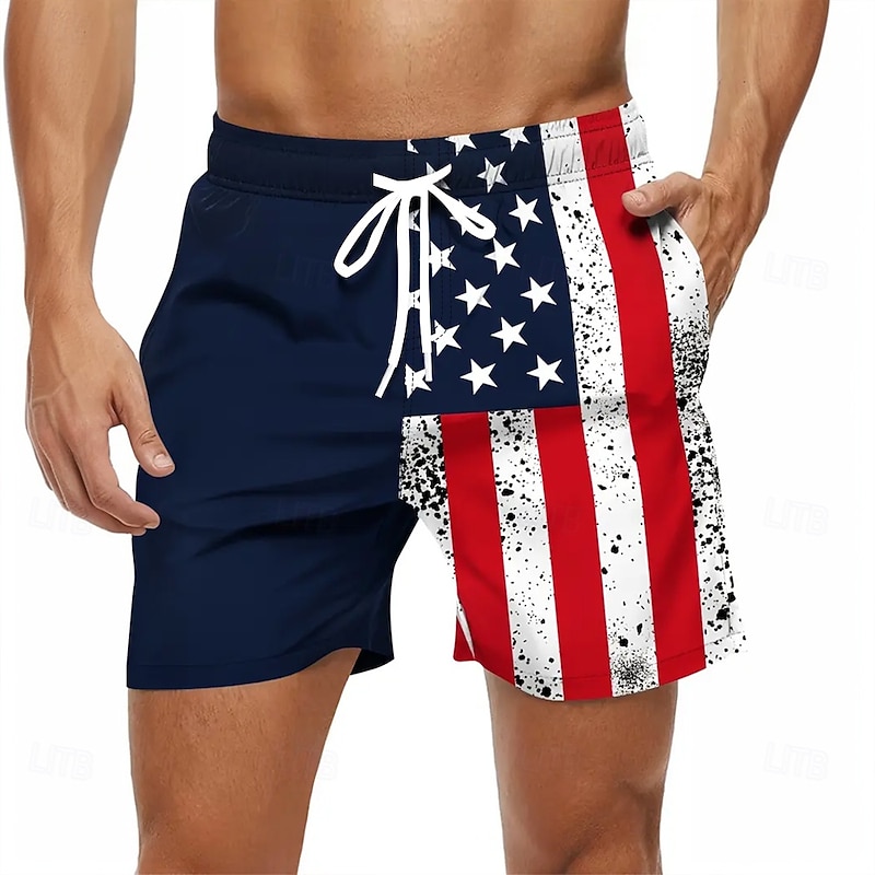 Men's American US Flag Patriotic Swim Trunks Swim Shorts Board Shorts Mid Waist Hawaiian Beach Wear Vacation Drawstring Mesh Lining Elastic Waist Designer Clothing Apparel