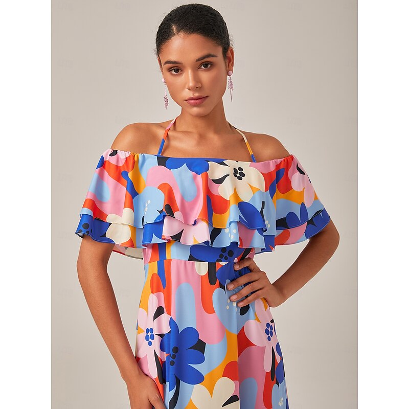 Abstract floral pattern, one-shouldered, frilled hem, elegant long dress style.2