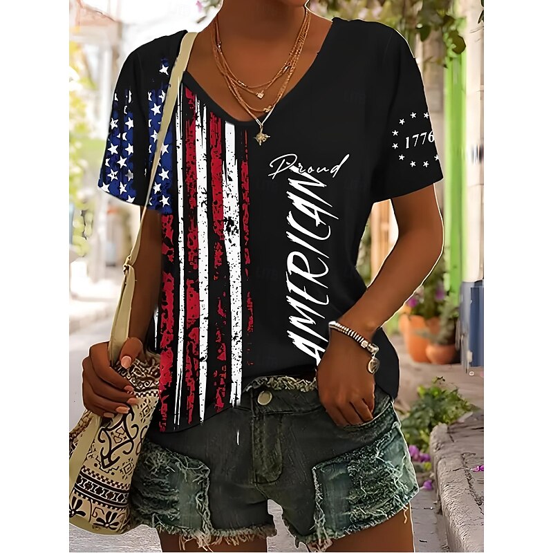 Women's Patriotic  T Shirt Flag Flag National Flag Stylish Casual Red White And Blue Short Sleeve V Neck Regular Tops Daily Print Black Summer Spring
