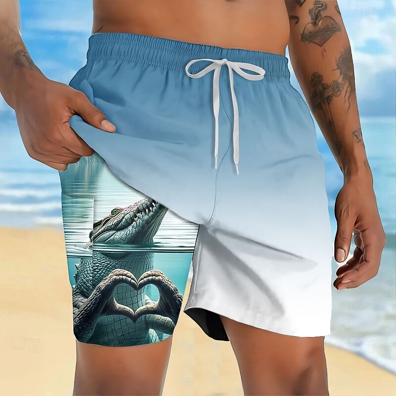 Men's Animal Crocodile Funny Lined Shorts 2 in 1 Board Shorts Swim Shorts Mid Waist Hawaiian Vacation Beach Wear Side Pockets With Compression Liner Elastic Drawstring Waist Designer Clothing Apparel2