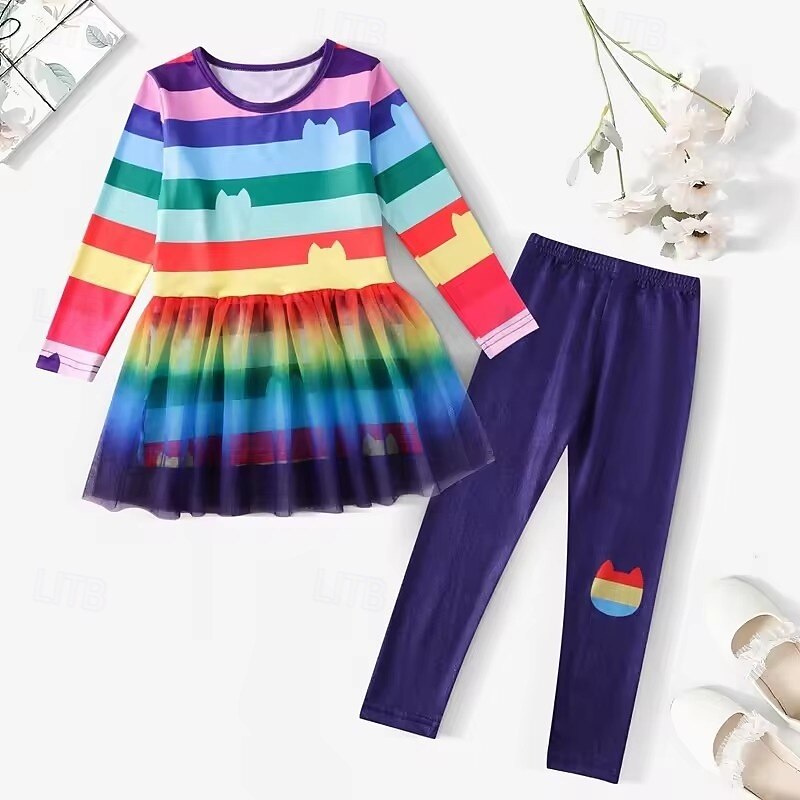 3 Pieces Kids Girls' Stripe Pants Suit Set Long Sleeve Fashion Outdoor 4 years+ Summer Rainbow Set Rainbow Set+Hairband Black White Set+Hairband2