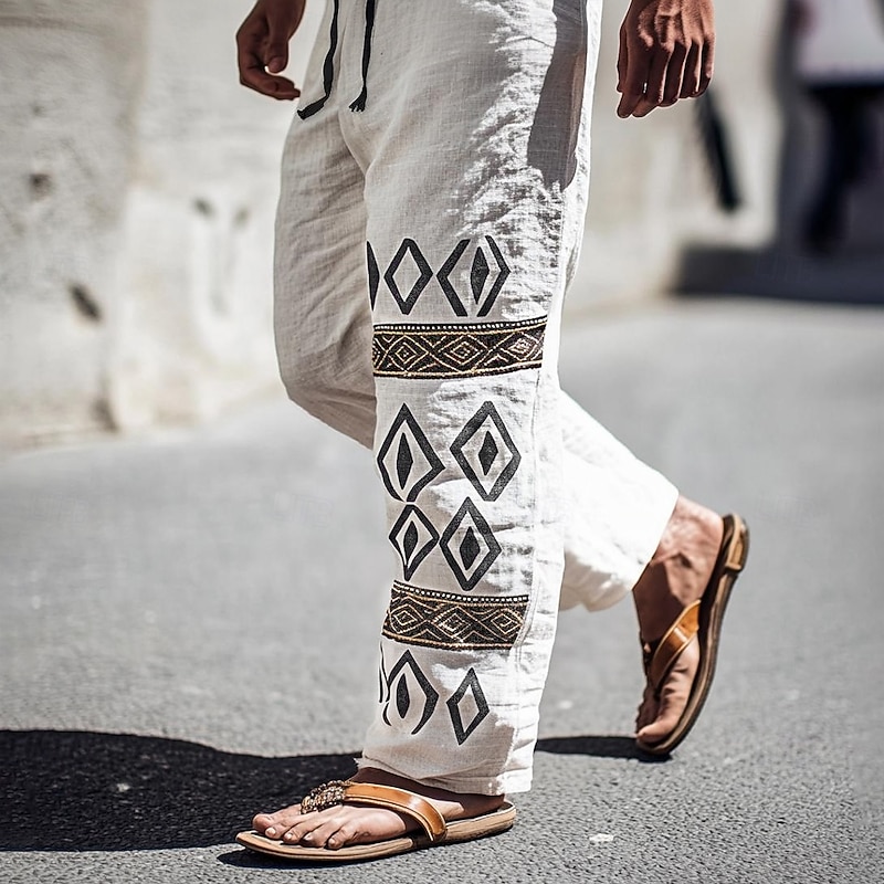 Men's Linen Pants Trousers Summer Pants Drawstring Elastic Waist Straight Leg Plain Comfort Breathable Full Length Casual Daily Holiday Fashion Classic Style White