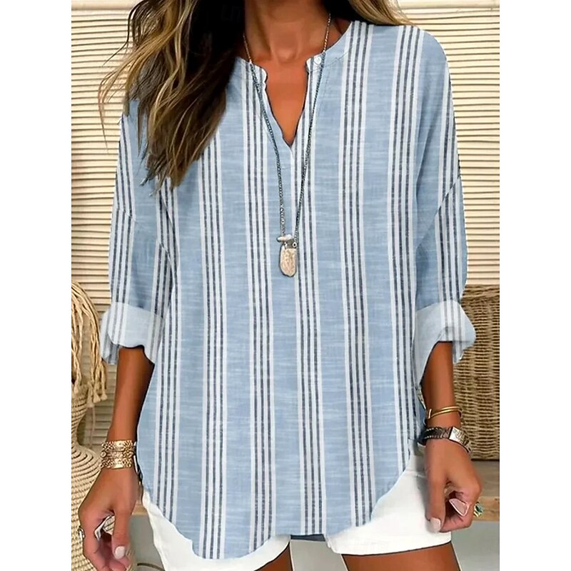 Women's Blouse Tunic V Neck Long Sleeve Boho Casual Cotton Linen Graphic Striped Regular Tops Daily Buttons Print Light Blue