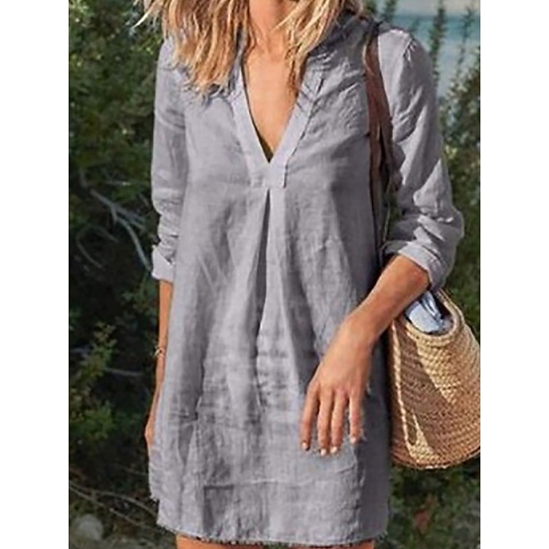 Women's Mini Dress Shift Dress Linen Casual Daily Regular Fit Graphic Long Sleeve V Neck Black White Wine Gray Summer4
