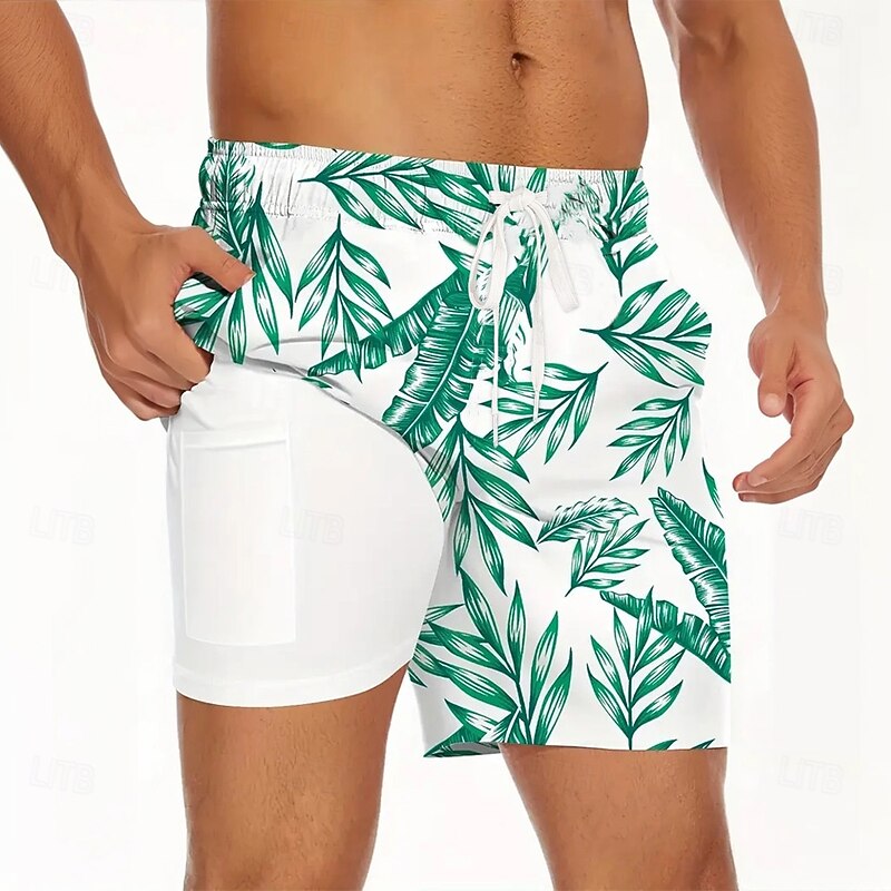 Men's Palm Leaf Tropical Plants Lined Shorts 2 in 1 Board Shorts Swim Trunks Mid Waist Hawaiian Vacation Beach Wear Side Pockets With Compression Liner Elastic Drawstring Waist Designer Clothing3
