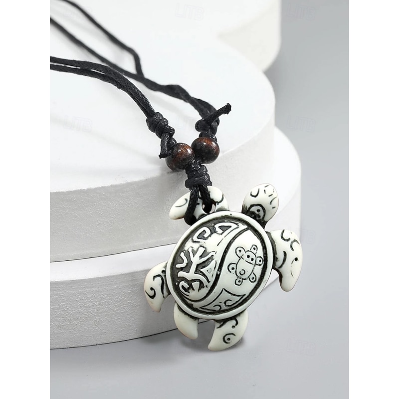 "Men's Tribal Sea Turtle Pendant Necklace – Vintage Handcrafted Leather Rope Chain, Boho Surf Style Jewelry for Beach, Vacation, and Casual Wear"4