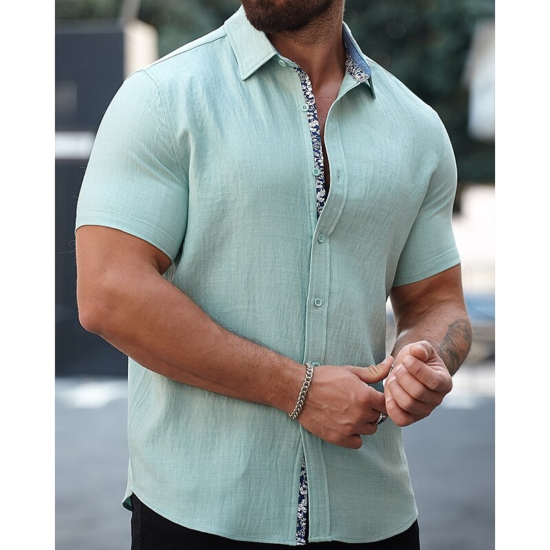 Men's Shirt Summer Shirt Casual Shirt Beach Shirt Button Up Shirt Black White Light Green Blue khaki Short Sleeve Plain Lapel Vacation Hawaiian Clothing Apparel Cotton Blend Fashion Casual Comfortable2