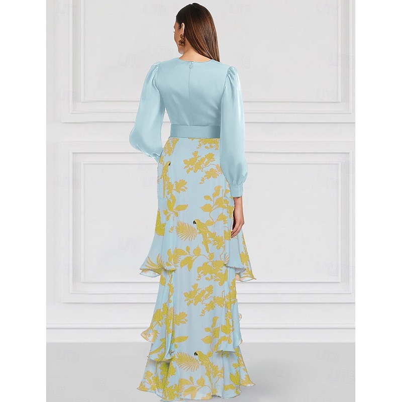A-Line Evening Gown Elegant Dress Formal Wedding Floor Length Long Sleeve V Neck Chiffon with Floral Print Wedding Guest Dress3