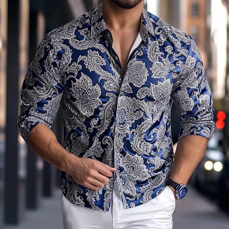 Men's Shirt Satin Shirt Summer Shirt Casual Shirt Button Up Shirt Wine Blue Green Long Sleeve Floral Paisley Collar Vacation Casual Clothing Apparel Elegant Fashion Casual2
