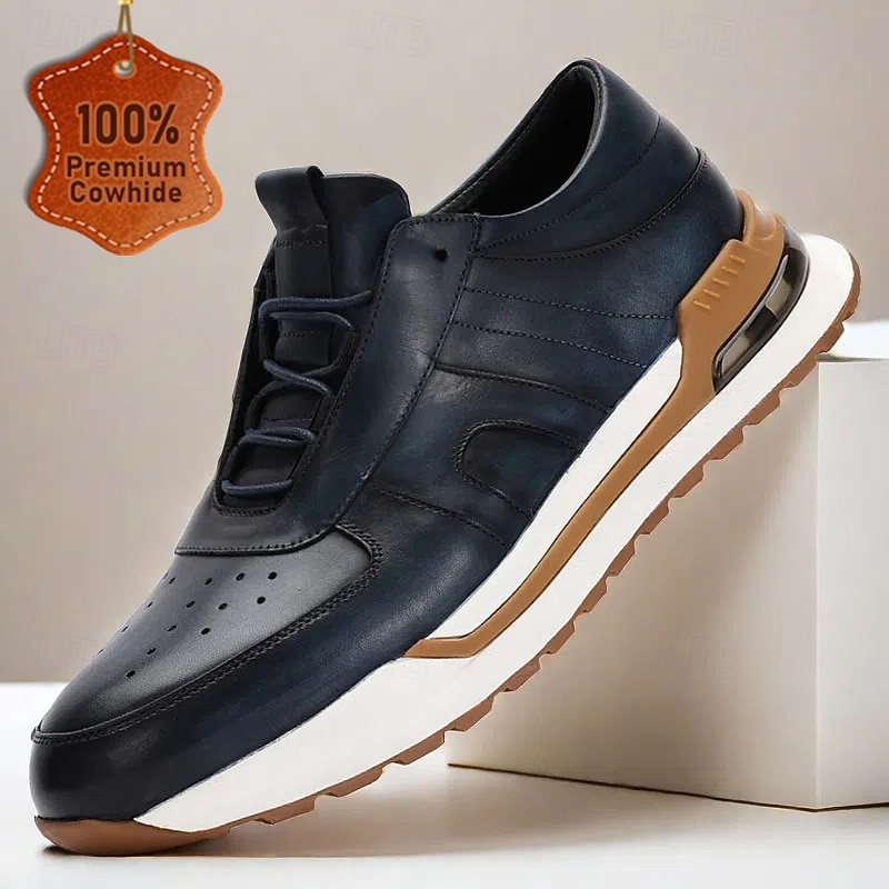 Men's Navy Blue Leather Sneakers – Stylish Lace-Up Casual Dress Shoes with Brogue Detailing for Daily Wear