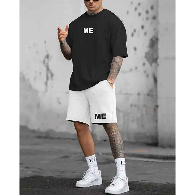 Men's Tracksuit Outfit Set Shorts Crew Neck Outdoor Daily Sports Pocket Drawstring 2 Piece Color Block Letter Black White Blue Polyester Activewear Classic Casual Summer4