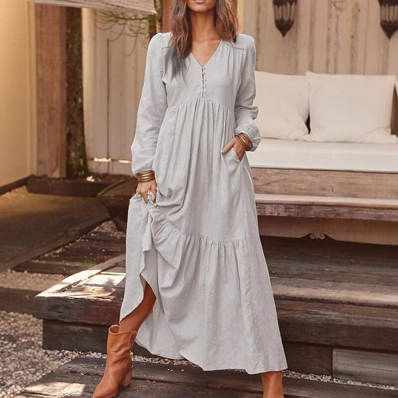 Women's Midi Dress Linen-Inspired Dresses Cotton Linen Dress Fashion Basic Modern Outdoor Daily Holiday Regular Fit Plain Long Sleeve V Neck Light Yellow Black Wine Navy Blue Summer2