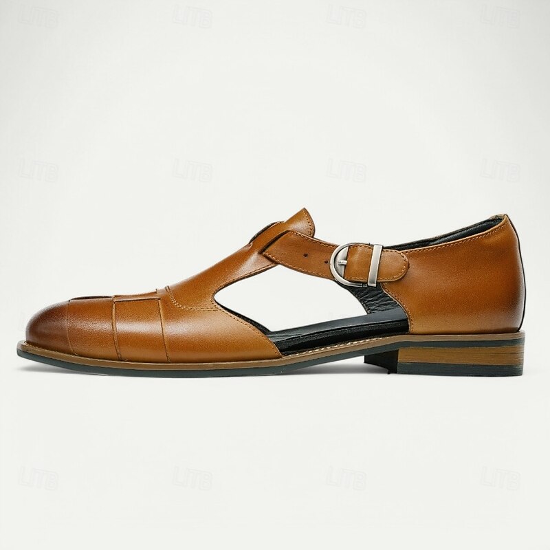 Men's Elegant Brown Leather Loafers with Woven Design - Ideal for Office and Social Events4