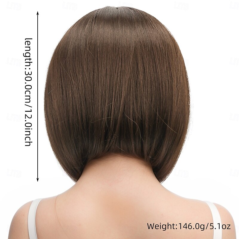 Synthetic Wig kinky Straight Yaki Straight Middle Part Neat Bang Machine Made Wig 12 inch A1 Synthetic Hair Women's Middle Part Classic Comfortable Light Brown2