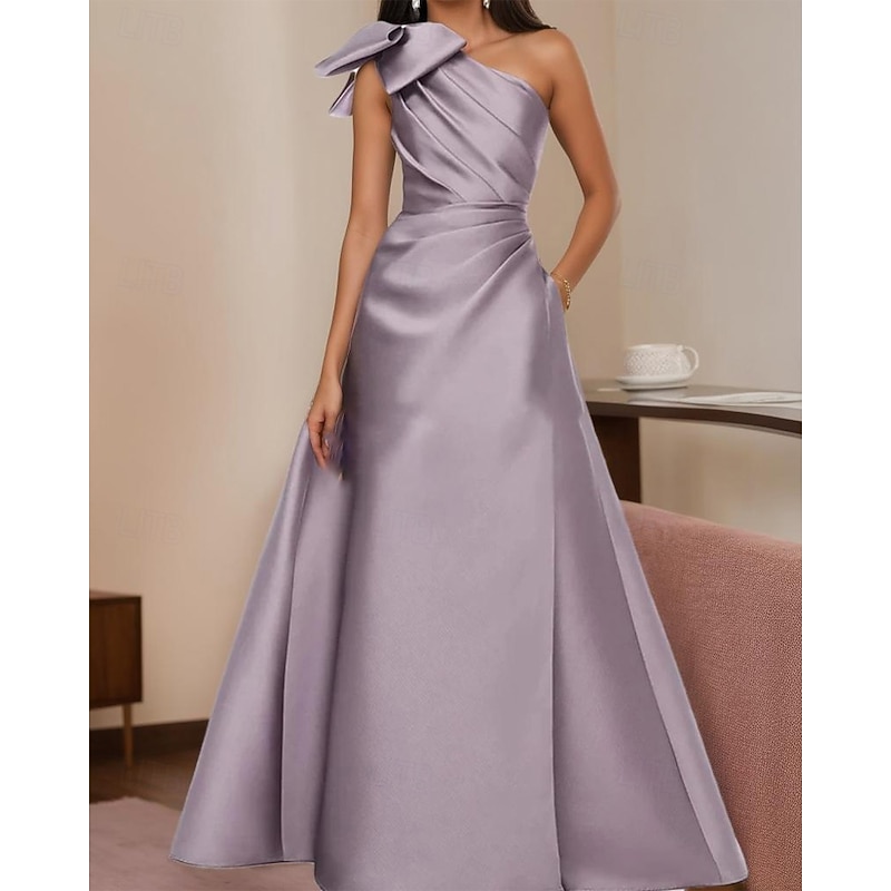 A-Line Evening Gown Elegant Dress Formal Evening Party Floor Length Sleeveless One Shoulder Satin with Bow(s) Pleats