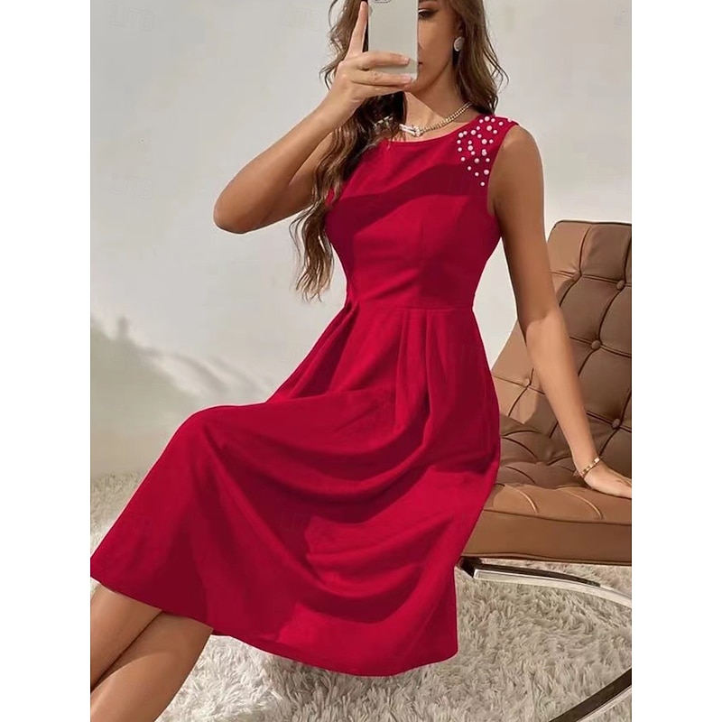 Women's Midi Dress Fit And Flare Dress Vacation Vacation Daily Regular Fit Plain Sleeveless Crew Neck Black Red Blue Summer2