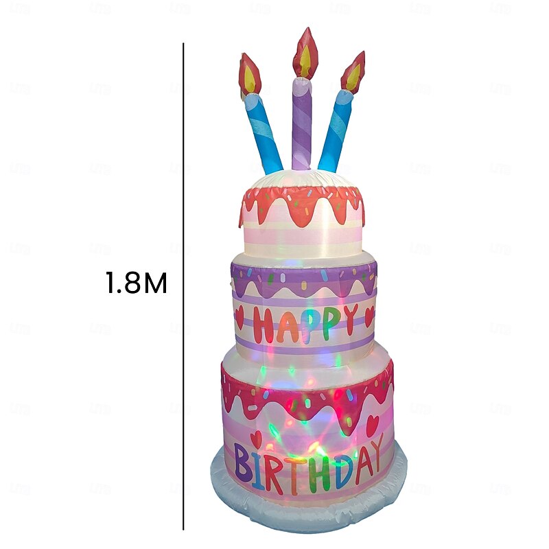 1.8m Three-Layer Birthday Cake With Candles Inflatable Air Model With Lights Courtyard Garden Indoor And Outdoor Lawn Birthday Celebration Party Dining Atmosphere Decorative Lights Eu/Au/Us/Uk3