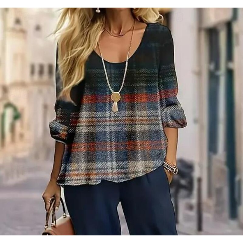 Women's 2 Pieces Basic Neon & Bright Shirt Blouse 3/4 Length Sleeve V Neck Ombre Geometric Print Casual Dark Navy Summer Regular Fit2