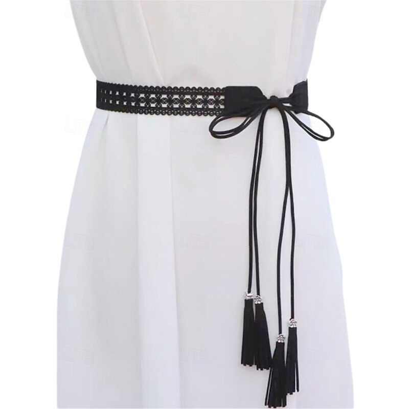 Women's Boho Lace-Up Tassel Belt – Vintage Hollow-Out Faux Suede Waist Belt, Adjustable Wide Cinch Belt for Dresses, Festivals & Casual Outfits3