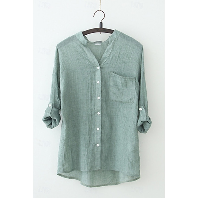 Women's Shirt Cotton Linen Shirts Button Up Blouse Plain Basic Modern Casual Long Sleeve V Neck Regular Tops Daily Going out Buttons Pocket White Navy Blue Green Apricot Gray Summer