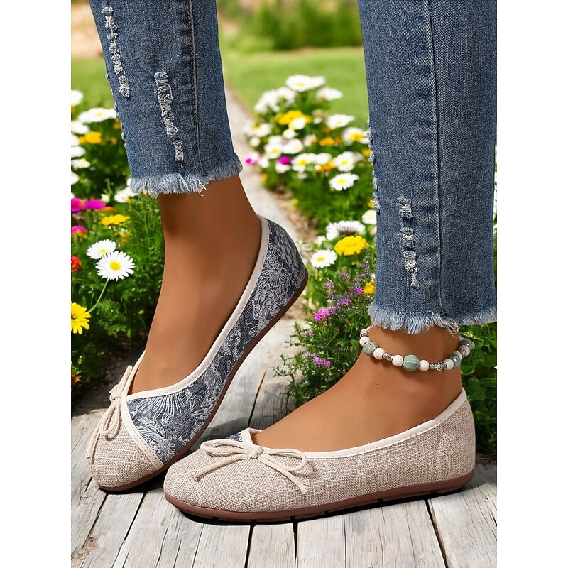 Linen Bow Ballet Flats for Women - Lightweight Vintage-Inspired Comfortable Slip-On Shoes for Casual Wear2