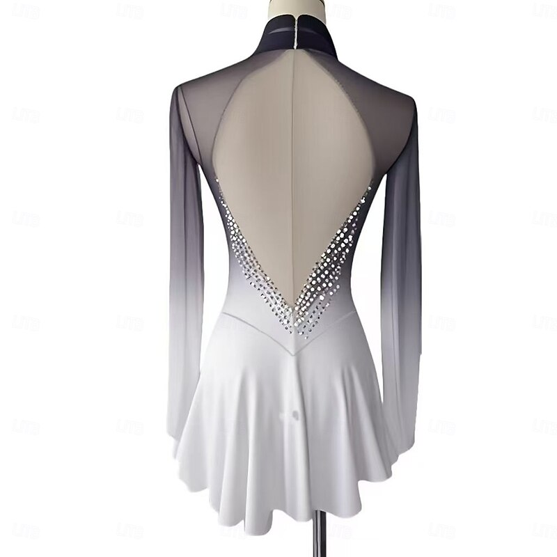 Figure Skating Dress Women's Girls' Ice Skating Dress Black White Blue White Thumbhole Halo Dyeing Mesh Spandex Stretchy Training Practice Professional Skating Wear Thermal Warm Classic Crystal2