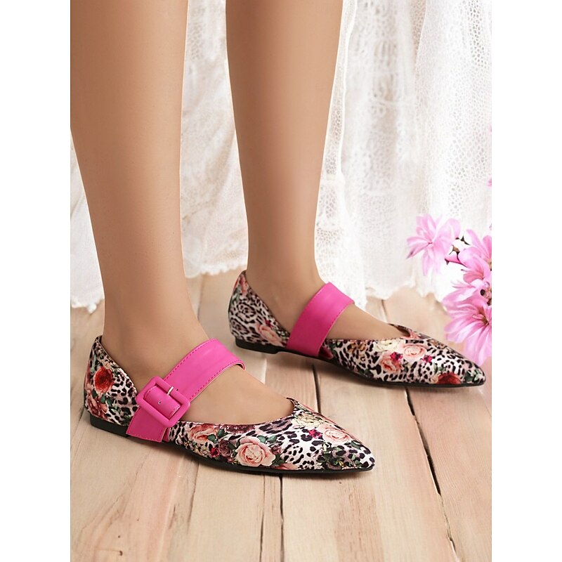 Women's Floral Leopard Print Mary Jane Flats – Chic Pointed-Toe Shoes with Pink Buckle Strap for Casual, Work, and Spring Outings4