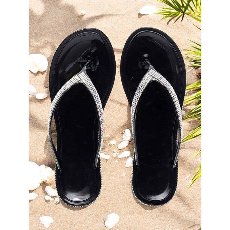 Women's Black Rhinestone Flip-Flops – Stylish and Comfortable Summer Sandals for Beach Vacations and Casual Wear