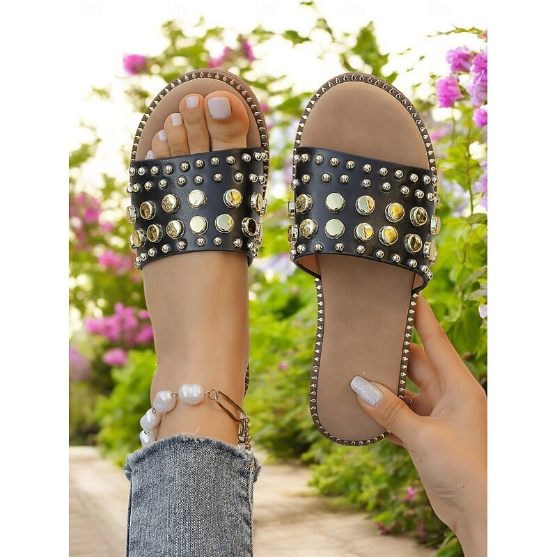 Women's Black Studded Slide Sandals – Trendy Flat Slip-On Sandals with Gold Rivets for Summer, Beach, and Casual Outings4