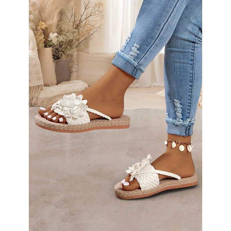 Women's Bohemian White Woven Sandals with Floral Accents – Stylish and Comfortable Summer Slip-On Sandals for Beach Vacations and Casual Wear3