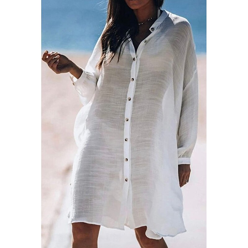 Women's Shirt Linen-Inspired Shirts Button Up Blouse Plain Modern Casual Long Sleeve Shirt Collar Long Tops Daily Holiday Going out Buttons White Yellow Pink Light Blue Summer