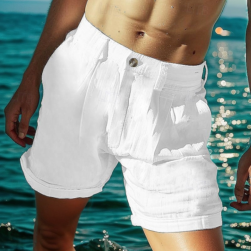 Men's Shorts Linen Shorts Summer Shorts Beach Shorts Button Up Pocket Plain Comfort Breathable Short Vacation Holiday Beach Hawaiian Boho Black White