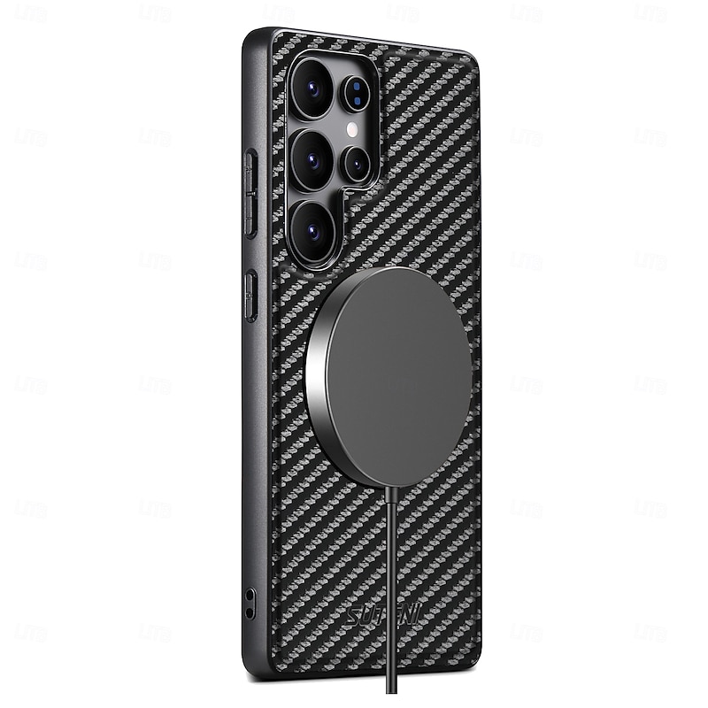 Phone Case For Samsung Galaxy S25 S24 S23 Ultra Plus S22 Plus  Ultra Back Cover with Stand Holder Magnetic Support Wireless Charging Retro TPU Carbon Fiber PC4