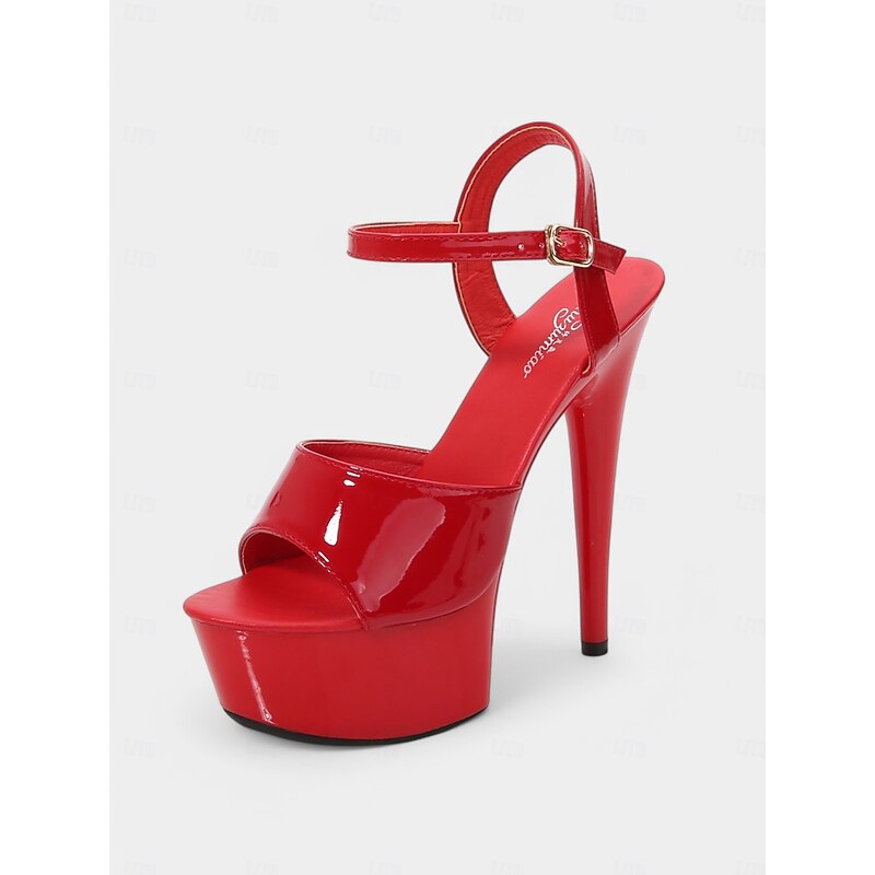 Red Patent Leather Platform Peep Toe Sandals for Women - Nightlife Party Stiletto Heels2