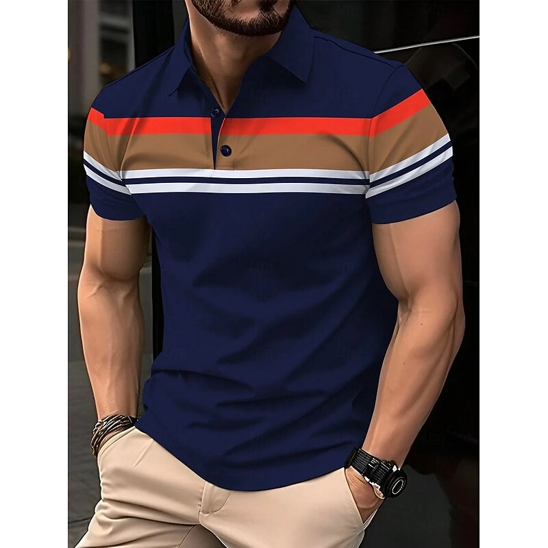 Men's Polo Shirts Golf Shirt Business Casual Ribbed Polo Collar Short Sleeve Fashion Basic Color Block Stripes Buttons Summer Spring &  Fall Regular Fit Black Polo Shirts3