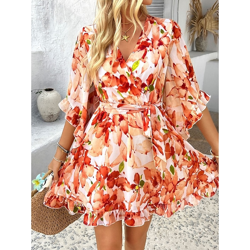 Women's Mini Dress Petite Dress Casual Dress Floral Dress Summer Dress Slip Dress Fashion Modern Daily Beach Weekend Regular Fit Floral 3/4 Length Sleeve V Neck Black Yellow Orange Green Summer