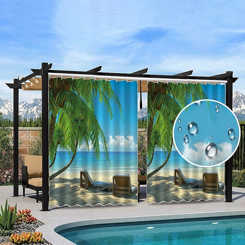 Waterproof Outdoor Curtain Privacy, Sliding Patio Curtain Drapes, Pergola Curtains Grommet 3D Landscape Beach For Gazebo, Balcony, Porch, Party, 1 Panel